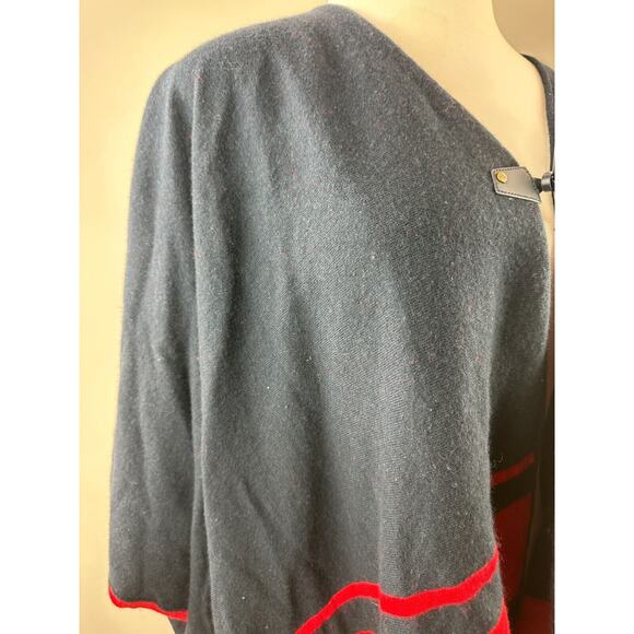 Lauren Ralph Lauren Intarsia Knit Two Tone Poncho Navy Blue Red Toggle Sz L/XL - Picture 6 of 16